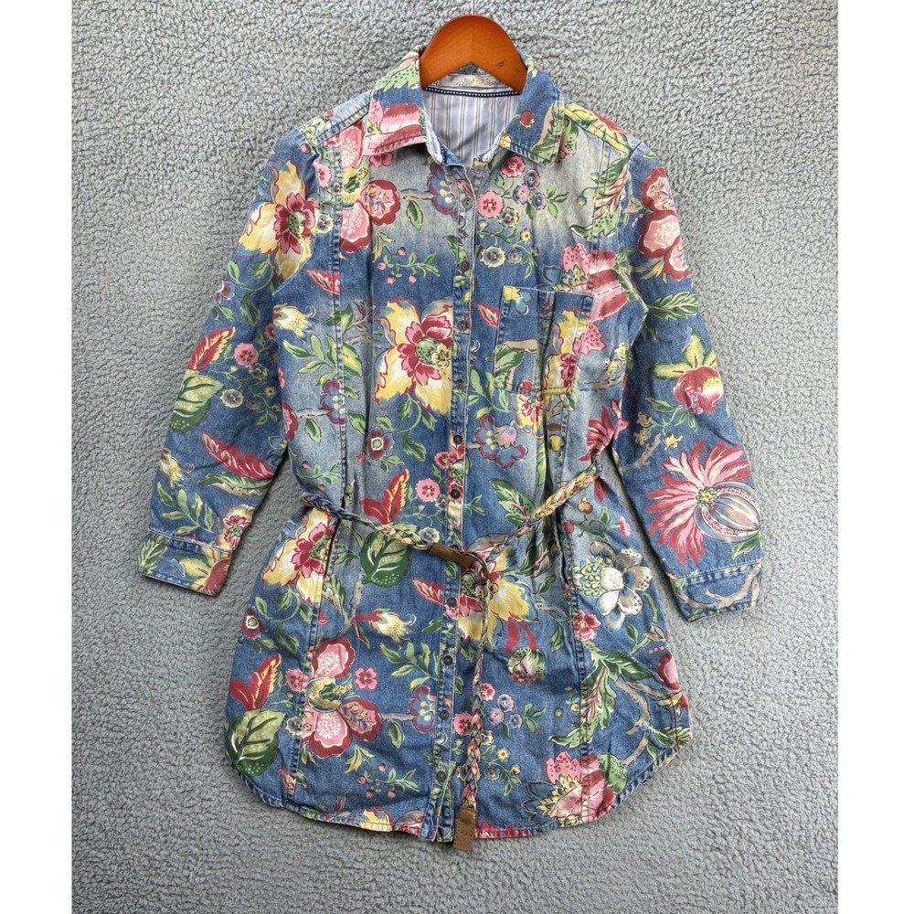 Shoulder Floral Print Belted Denim Shirt Dress Womens S Blue Multicolor Cotton